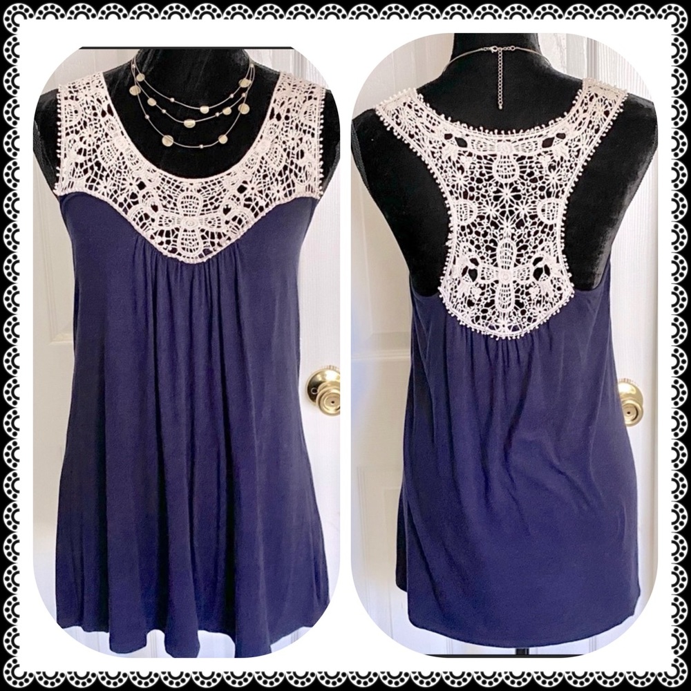 Flowy navy crochet razor back tank top